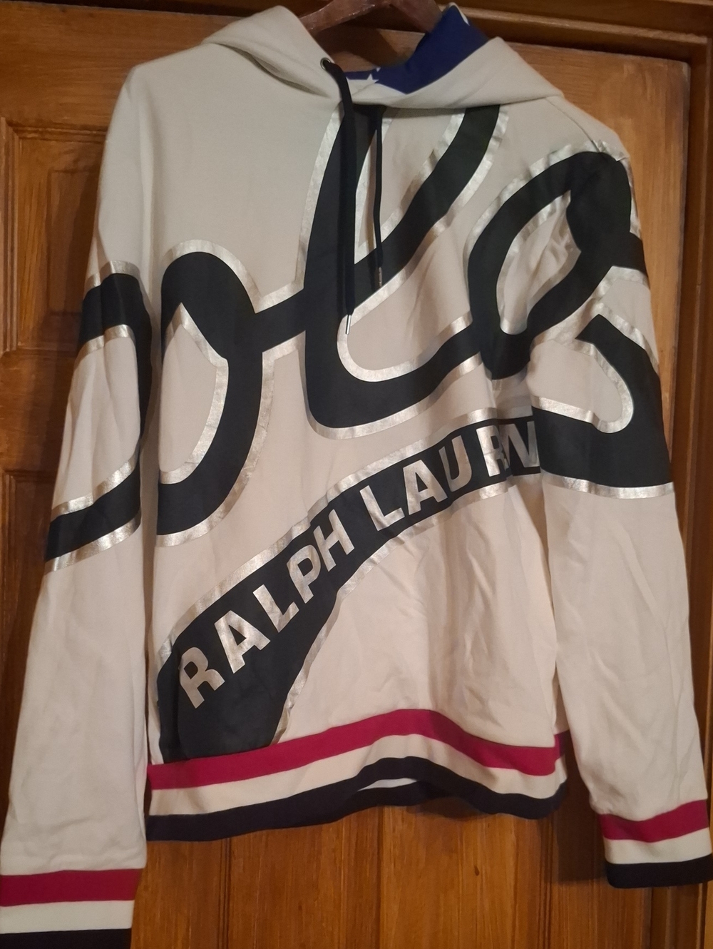 Polo by Ralph Lauren Cream Hooded Pullover with Black Logo and Pink Trim